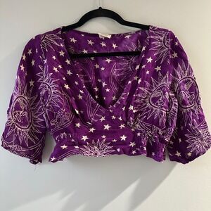 Gypsy Rose Celestial Sun Moon Star Crop Top Womens OS Purple Witchy Hippie Boho